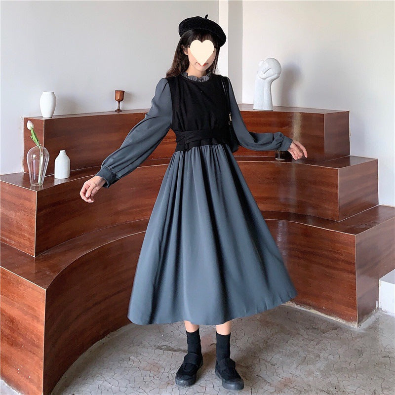 Vintage Zweiteiliges Kleid Damen Mittellanges Langarm-Stil Elegantes Kleid