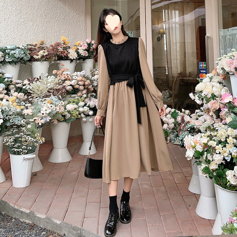 Vintage Zweiteiliges Kleid Damen Mittellanges Langarm-Stil Elegantes Kleid