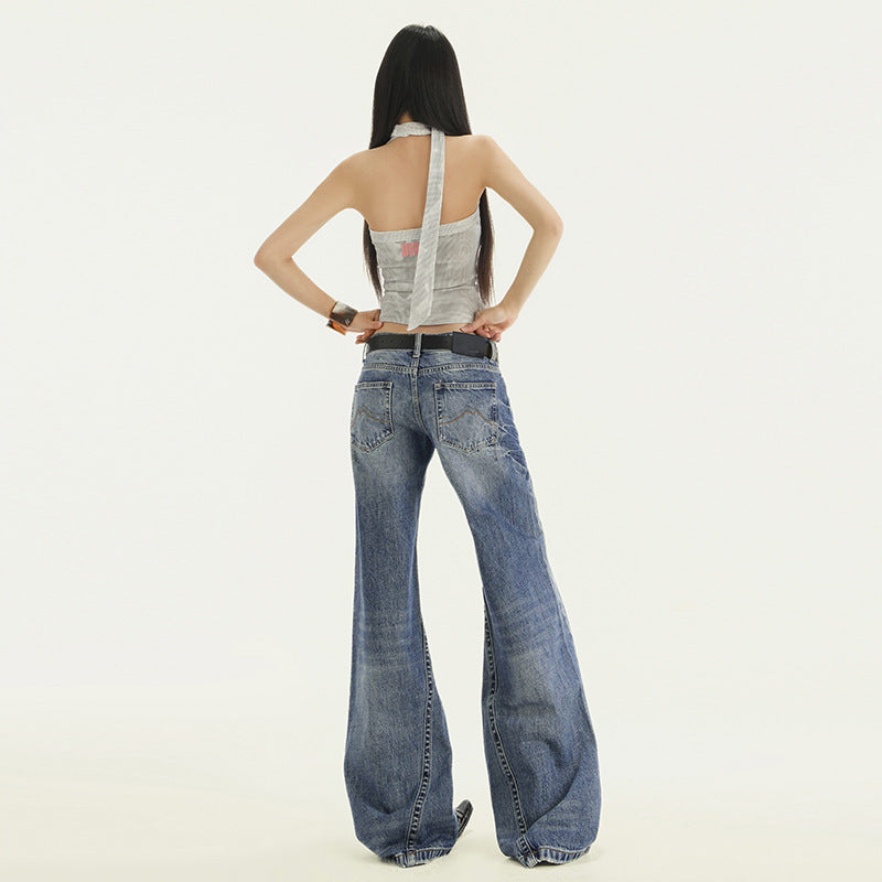 Women's Low-Waist Flared Jeans, Cracked Drape Straight Floor-Length Pants