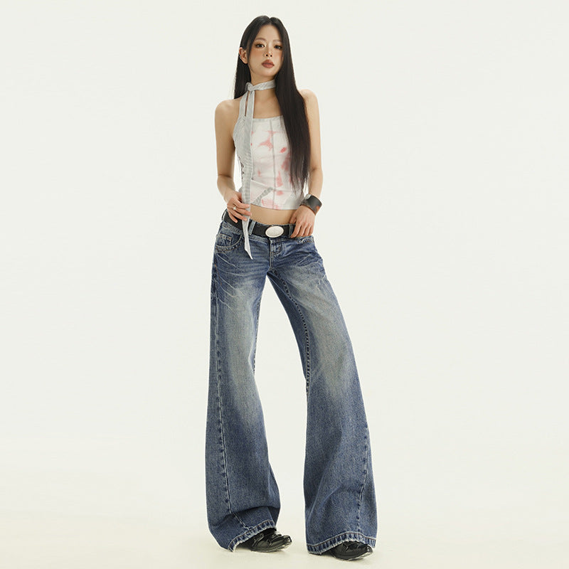 Women's Low-Waist Flared Jeans, Cracked Drape Straight Floor-Length Pants