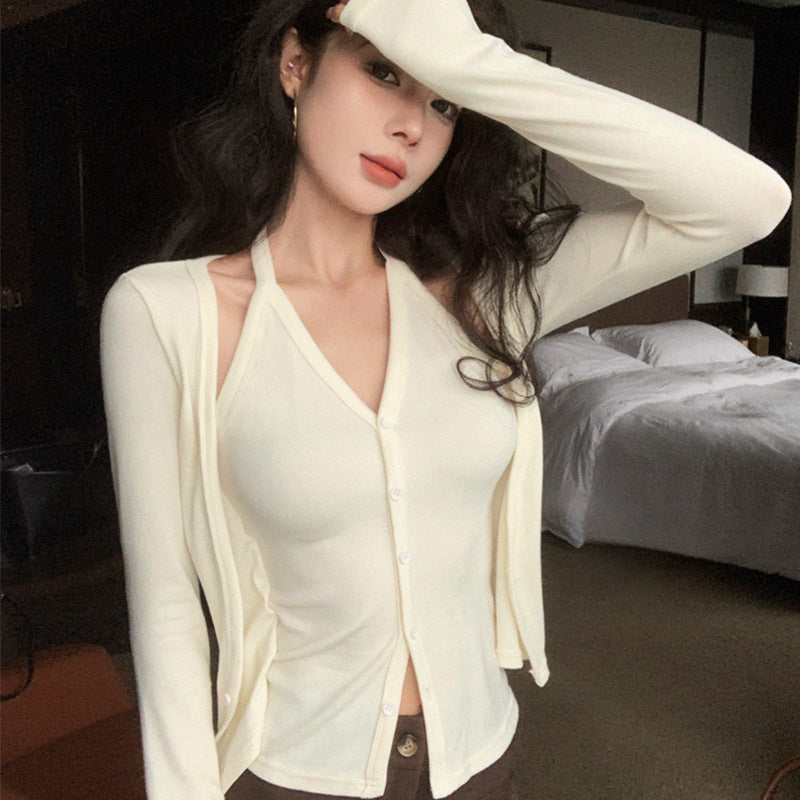 Spicy Fake Two-Piece Halter လက်ရှည် တီရှပ် အမျိုးသမီး ပါးလွှာသော ကာဒီဂန် ထိပ်