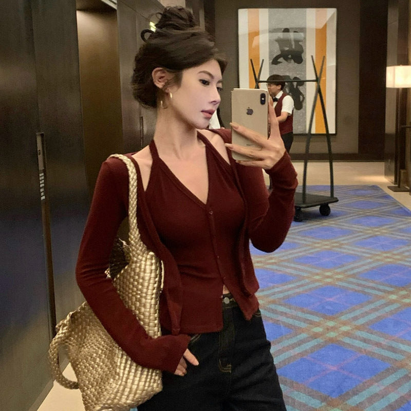 Spicy Fake Two-Piece Halter လက်ရှည် တီရှပ် အမျိုးသမီး ပါးလွှာသော ကာဒီဂန် ထိပ်