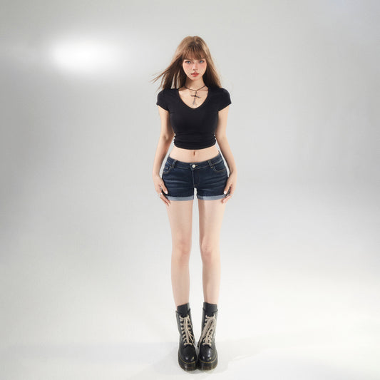 Women's  Low Waist Cuffed Elastic Denim Shorts Summer Slimming Versatile A-Line Hot Pants