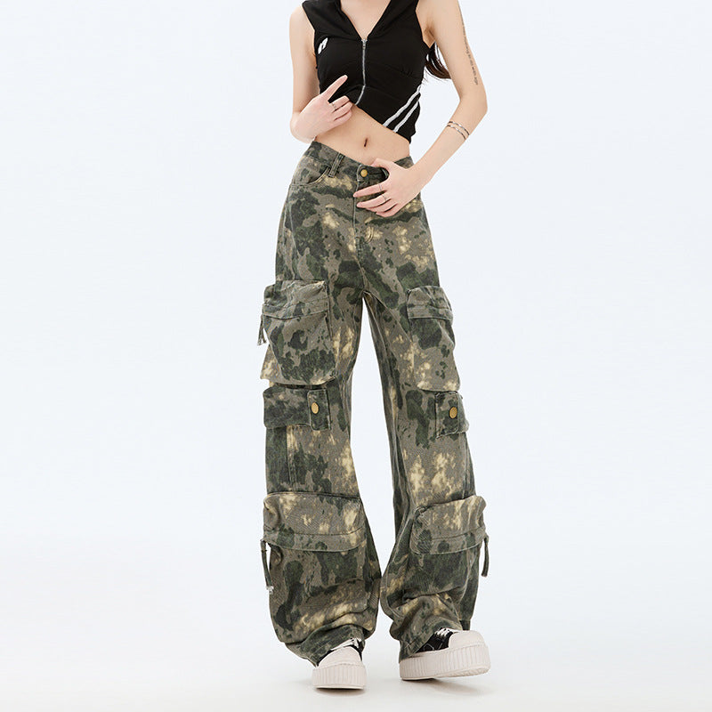 Strapazierfähige Camouflage-Arbeitshose mit mehreren Taschen für Damen, lockerer Streetstyle mit weitem Bein