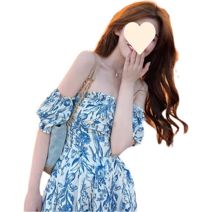 One-Shoulder Off-The-Shoulder Langes Kleid Blumendruckkleid Ankunft Sanya Reisefotografie Strandurlaub Sandstrandkleid