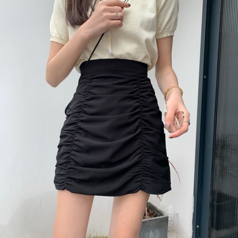 Pleated High-waisted Short Skirt Slim Fit Style Retro Bodycon A-Line Skirt အမျိုးသမီး