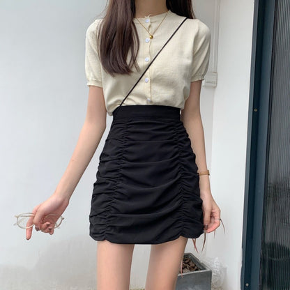 Pleated High-waisted Short Skirt Slim Fit Style Retro Bodycon A-Line Skirt အမျိုးသမီး