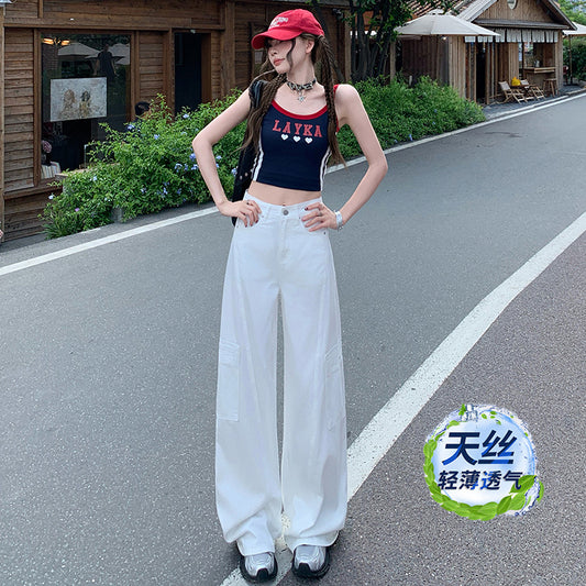 Women's Tencel White Draped Workwear Denim Pants Loose Wide Leg Trousers