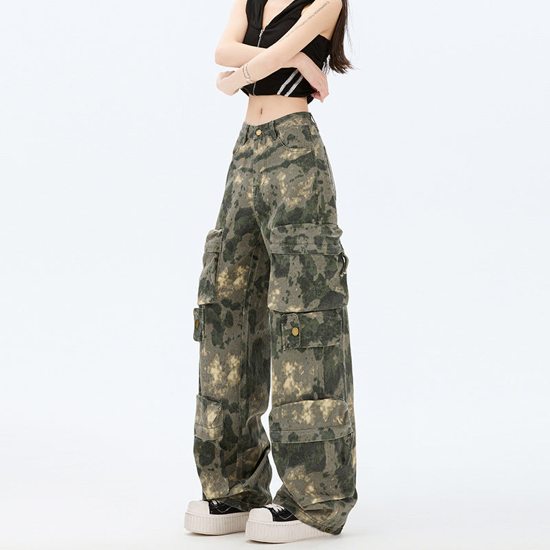 Strapazierfähige Camouflage-Arbeitshose mit mehreren Taschen für Damen, lockerer Streetstyle mit weitem Bein