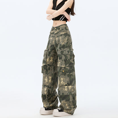 Strapazierfähige Camouflage-Arbeitshose mit mehreren Taschen für Damen, lockerer Streetstyle mit weitem Bein