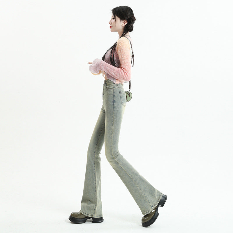 Ausgestellte Jeanshose für Damen, Frühling, elastisch, schlammgelb, ausgestellte lange Hose