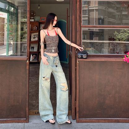 Damen-Jeans mit dünnen, geraden Löchern, hoher Taille, schmales Bein, weites Bein