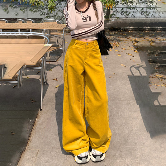Women's Yellow Casual Pants Loose Wide Leg High Waist Corduroy Sweatpants
