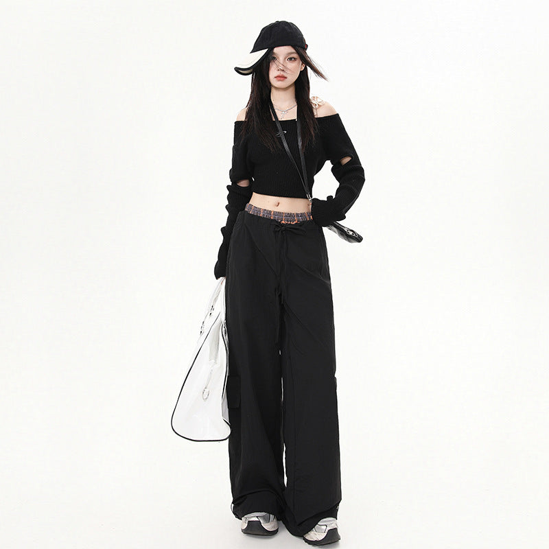 အမျိုးသမီးဘောင်းဘီ Plaid Splicing Trousers High Street Loose Wide-Leg Work Pants