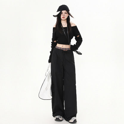 အမျိုးသမီးဘောင်းဘီ Plaid Splicing Trousers High Street Loose Wide-Leg Work Pants