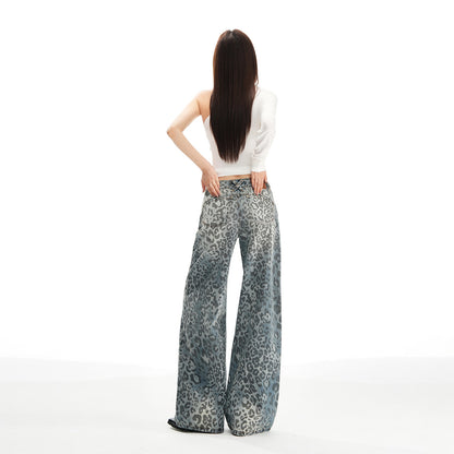 အမျိုးသမီးဘောင်းဘီ Leopard Print Design Wide Leg Jeans သန့်ရှင်း Fit Loose Casual Straight Leg Trousers