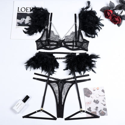 Feather Sexy Lingerie with Chain Lace Transparent Mesh Set for Women