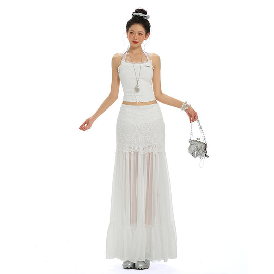Women's White Skirt Semi-Transparent Sheer Skirt Summer Design Long Skirt A-line Skirt