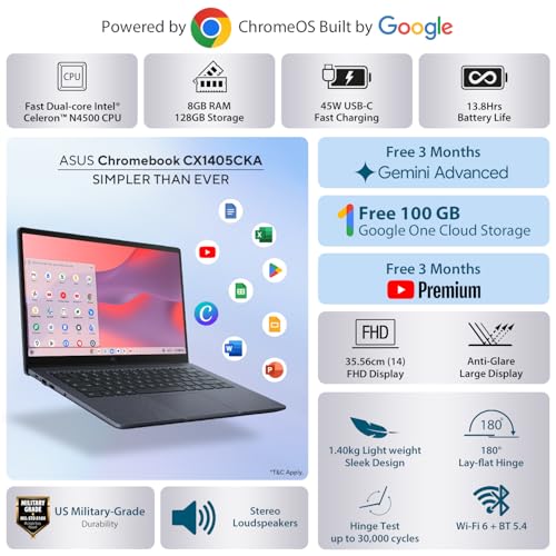 ASUS Chromebook CX1405, Intel Celeron N4500 Processor,Chrome OS, Thin & Light Laptop (Integrated Intel UHD Graphics/8GB RAM/128GB SSD/FHD/14 (35.56 cm)/60Hz/42WHrs/Quiet Blue/1.4 Kg) CX1405CKA-S60394|B0FCY4H89L