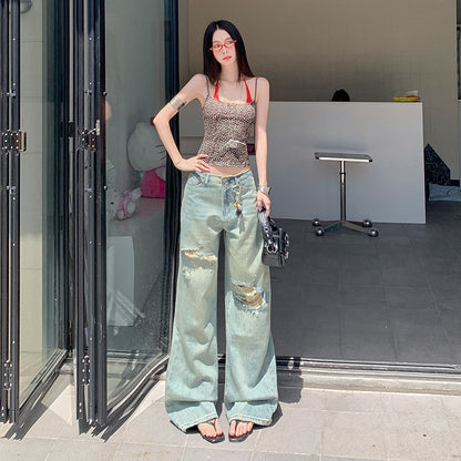 Damen-Jeans mit dünnen, geraden Löchern, hoher Taille, schmales Bein, weites Bein