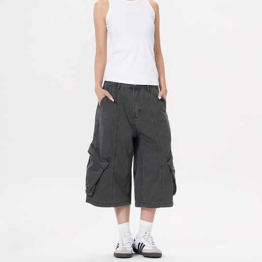 Women's  Washed Distressed Workwear 7/8 Pants Patchwork Wide Leg Jeans