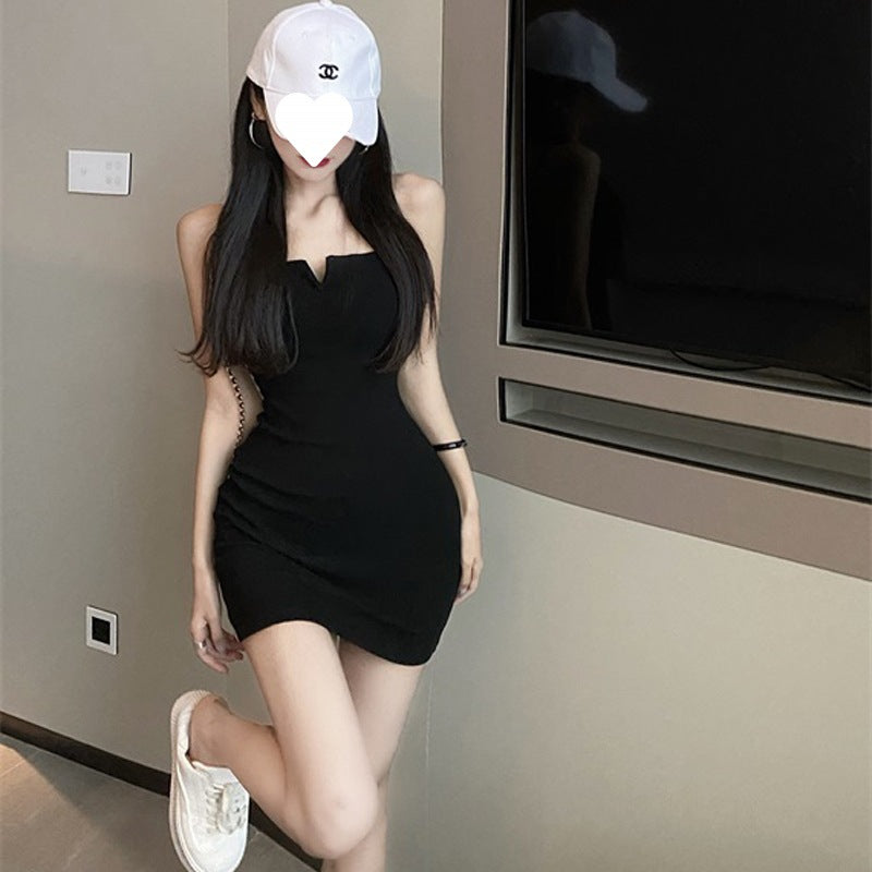 فستان أسود بدون حمالات مع وسادات حمالة صدر مدمجة للنساء، فستان قصير ضيق من Spicy Girl