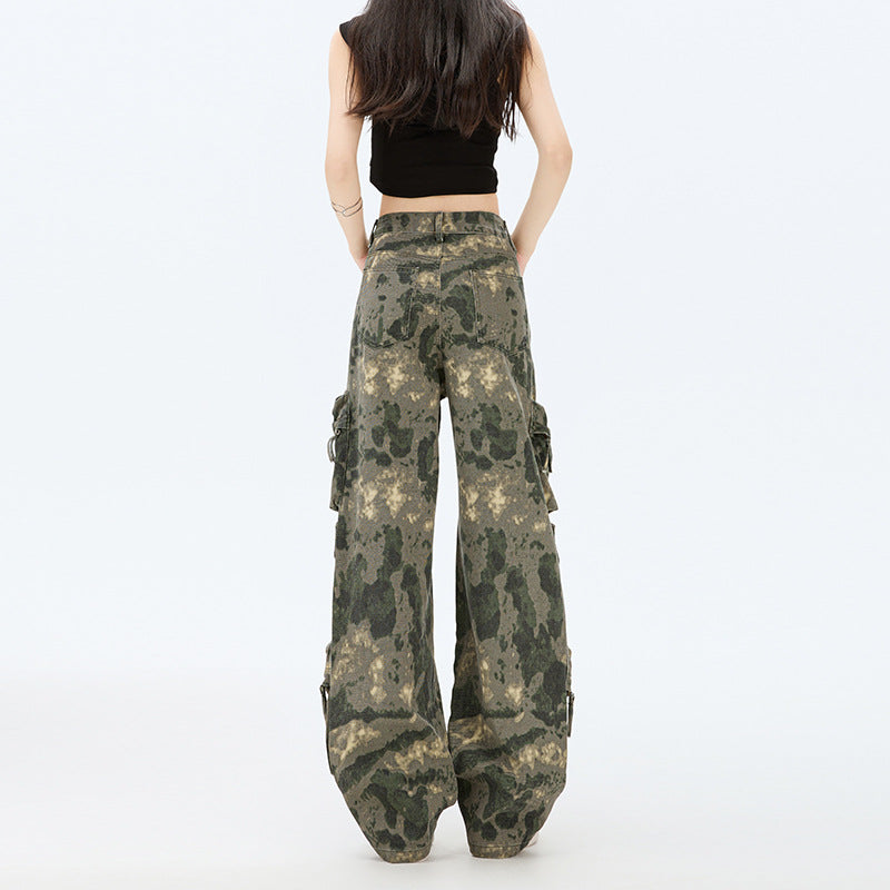 Strapazierfähige Camouflage-Arbeitshose mit mehreren Taschen für Damen, lockerer Streetstyle mit weitem Bein