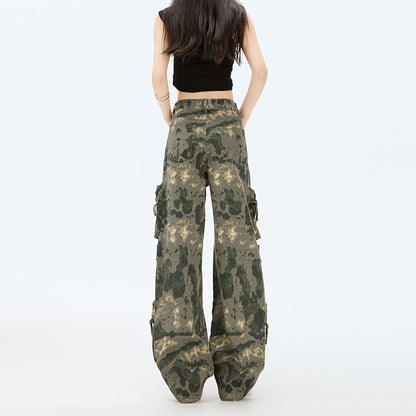 Strapazierfähige Camouflage-Arbeitshose mit mehreren Taschen für Damen, lockerer Streetstyle mit weitem Bein