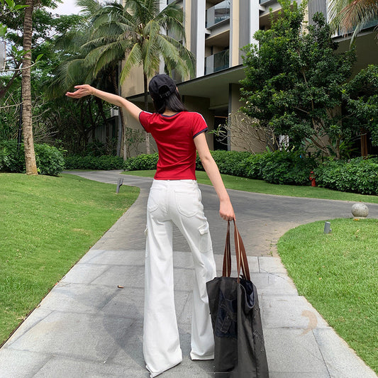 Women's White  Casual Pants for Summer Low Waist Flared Denim Trousers