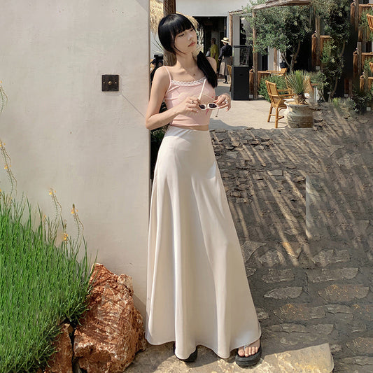 Women's Skirt Shiny Draped Fitted A-Line Midi Skirt Soft and Smooth Versatile High-Waisted Long Skirt