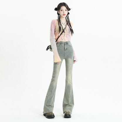 Ausgestellte Jeanshose für Damen, Frühling, elastisch, schlammgelb, ausgestellte lange Hose