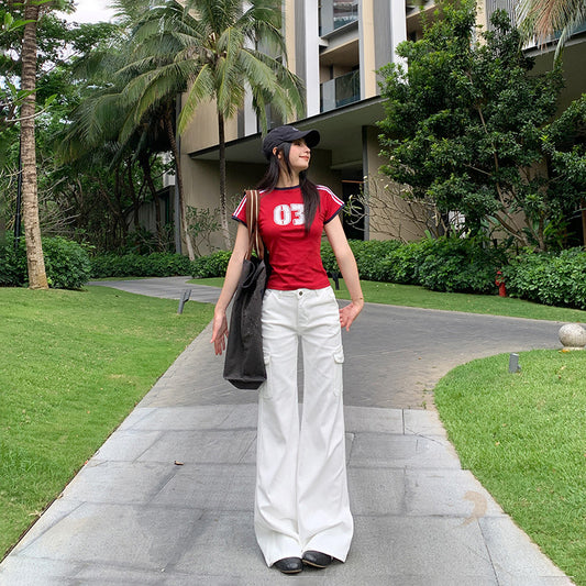Women's White  Casual Pants for Summer Low Waist Flared Denim Trousers