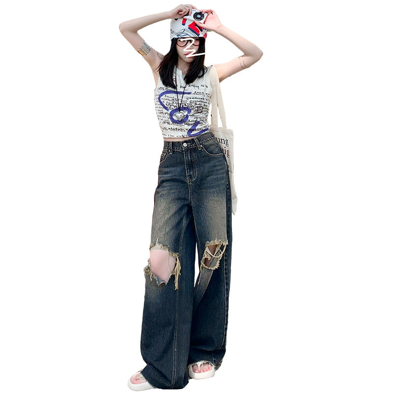 Damen Jeanshose Locker Gefaltete Ausgefranste Bodenlange Hose mit Weitem Bein