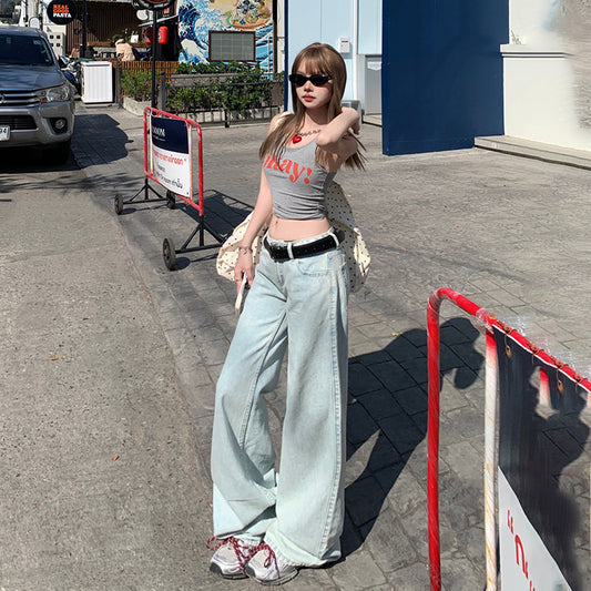 Women's Jeans Spring Light Color Loose Floor-Length Wide Leg Pants