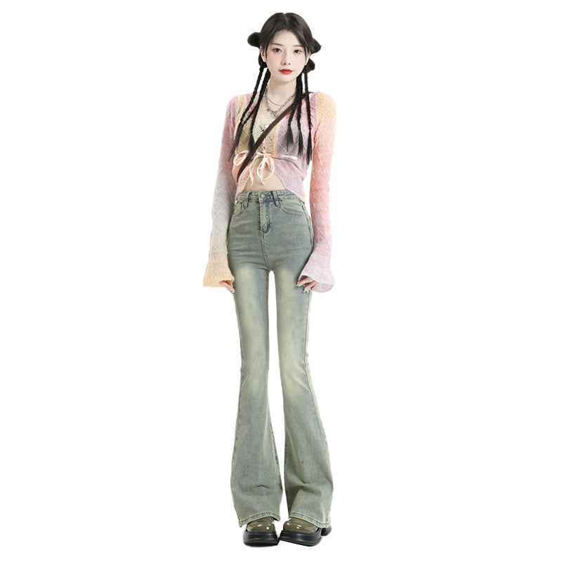 Ausgestellte Jeanshose für Damen, Frühling, elastisch, schlammgelb, ausgestellte lange Hose