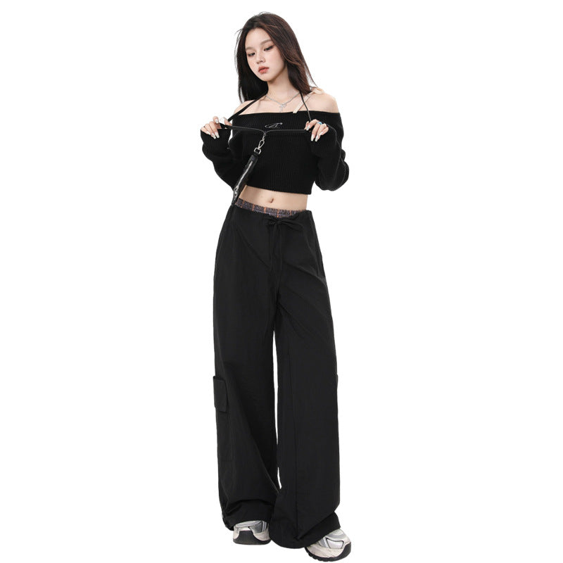 အမျိုးသမီးဘောင်းဘီ Plaid Splicing Trousers High Street Loose Wide-Leg Work Pants