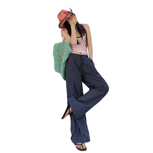Women's Pants with Blue Plaid High Waist Slimming Straight Leg Wide Leg Trousers