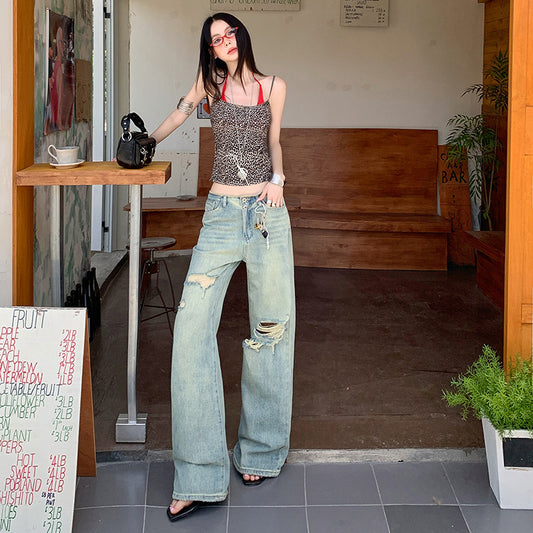 Women's Thin Straight Hole Jeans High Waist Slim Narrow Leg Wide Leg Pants