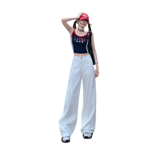 Women's Tencel White Draped Workwear Denim Pants Loose Wide Leg Trousers