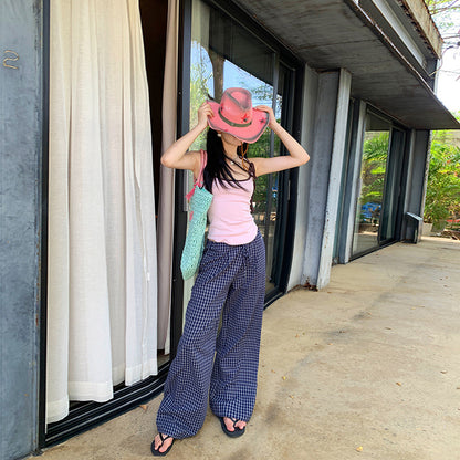 Damenhose mit blau kariertem, hohem Bund, schlankmachende Hose mit geradem Bein und weitem Bein