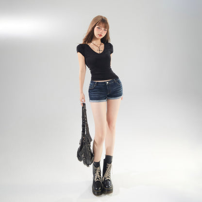 Women's  Low Waist Cuffed Elastic Denim Shorts Summer Slimming Versatile A-Line Hot Pants