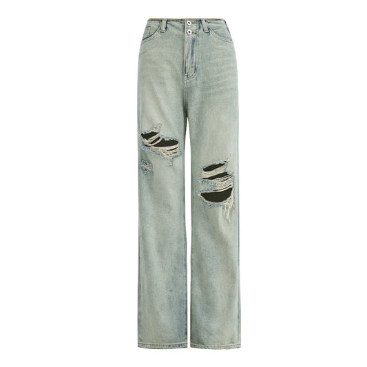 Women's Thin Straight Hole Jeans High Waist Slim Narrow Leg Wide Leg Pants