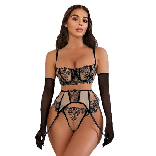 Floral Embroidery Patchwork Sheer Mesh Sexy Lingerie Set for Women