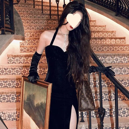 فستان سهرة أنيق فاخر فريد من نوعه، فستان أسود مثير بدون حمالات للنساء