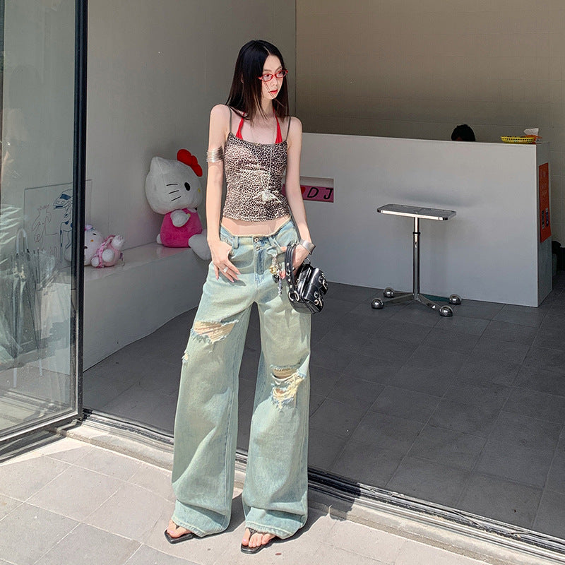 Damen-Jeans mit dünnen, geraden Löchern, hoher Taille, schmales Bein, weites Bein