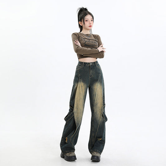 အမျိုးသမီး ခါးမြင့် ဂျင်းဘောင်းဘီ Loose Design Sense Leg Wide Leg Pants