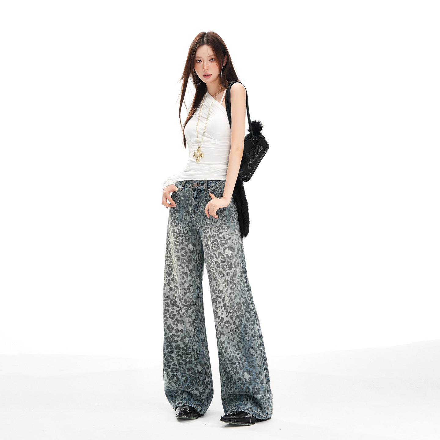 အမျိုးသမီးဘောင်းဘီ Leopard Print Design Wide Leg Jeans သန့်ရှင်း Fit Loose Casual Straight Leg Trousers
