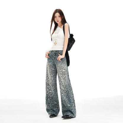 အမျိုးသမီးဘောင်းဘီ Leopard Print Design Wide Leg Jeans သန့်ရှင်း Fit Loose Casual Straight Leg Trousers