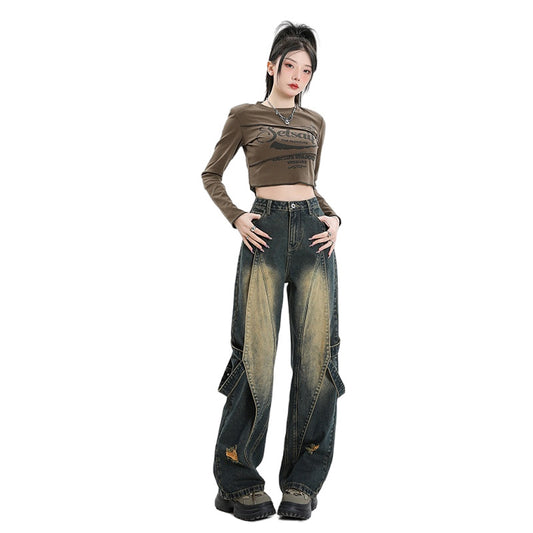 အမျိုးသမီး ခါးမြင့် ဂျင်းဘောင်းဘီ Loose Design Sense Leg Wide Leg Pants