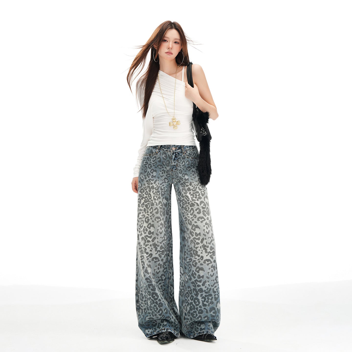 အမျိုးသမီးဘောင်းဘီ Leopard Print Design Wide Leg Jeans သန့်ရှင်း Fit Loose Casual Straight Leg Trousers